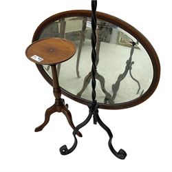 20th century cabriole leg stool; heart shaped bijouterie cabinet; wrought metal candle stand; small tripod table; three mirrors (7)
