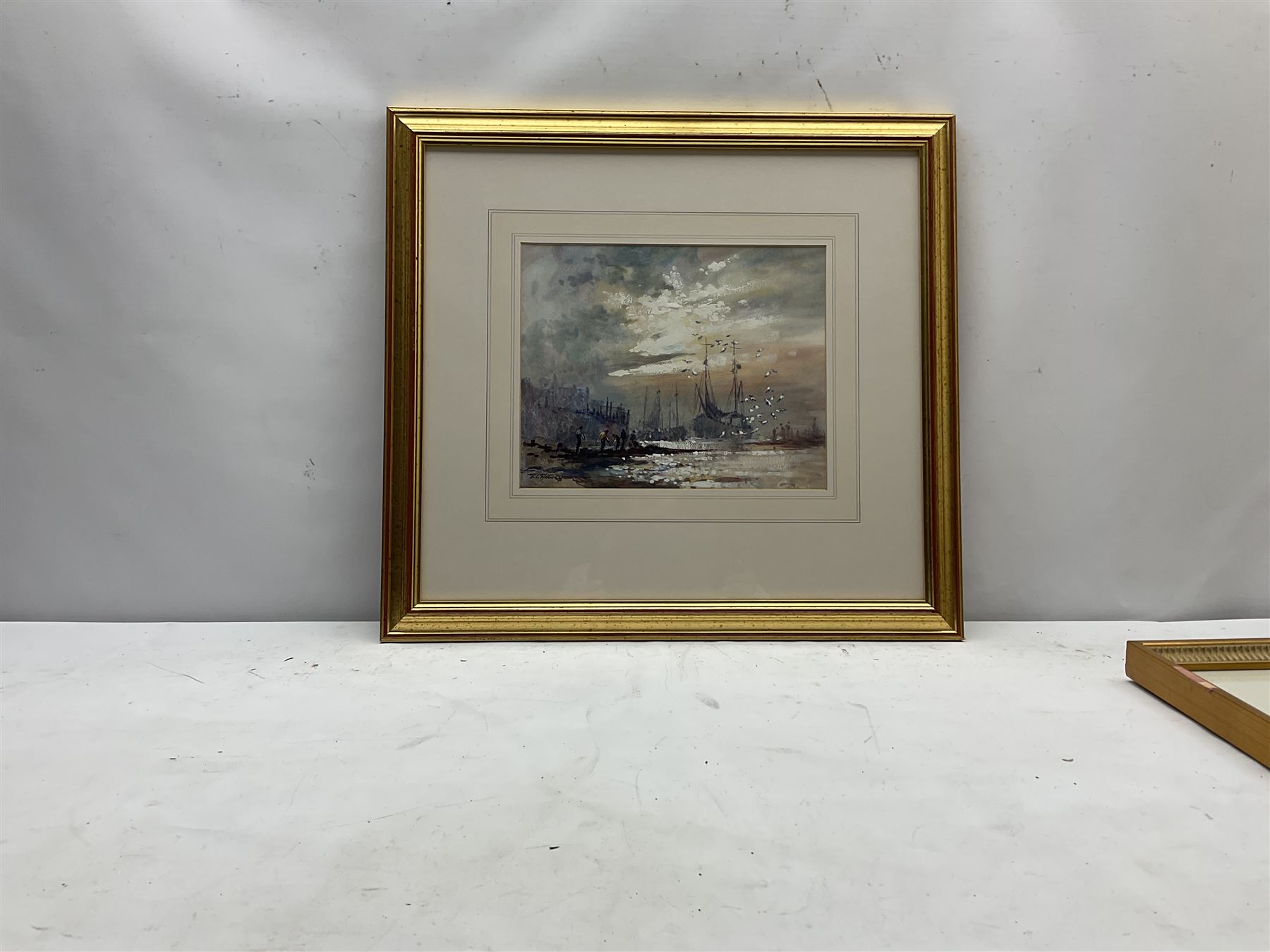 Robert Leslie Howey (British 1900-1981): Fishing Boats at Low Tide, watercolour heightened in white signed 22cm x 27.5cm