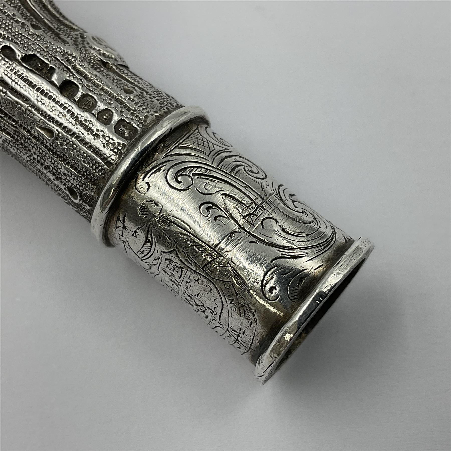 Victorian silver walking cane handle, modelled as a panther upon a tree branch, hallmarked London 1851, maker's mark worn and indistict