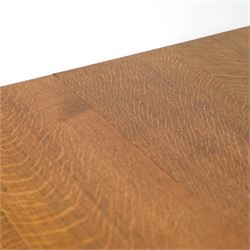 Contemporary solid oak refectory dining table, rectangular quarter-sawn top displaying pronounced medullary rays, on square chamfered legs united by stretchers