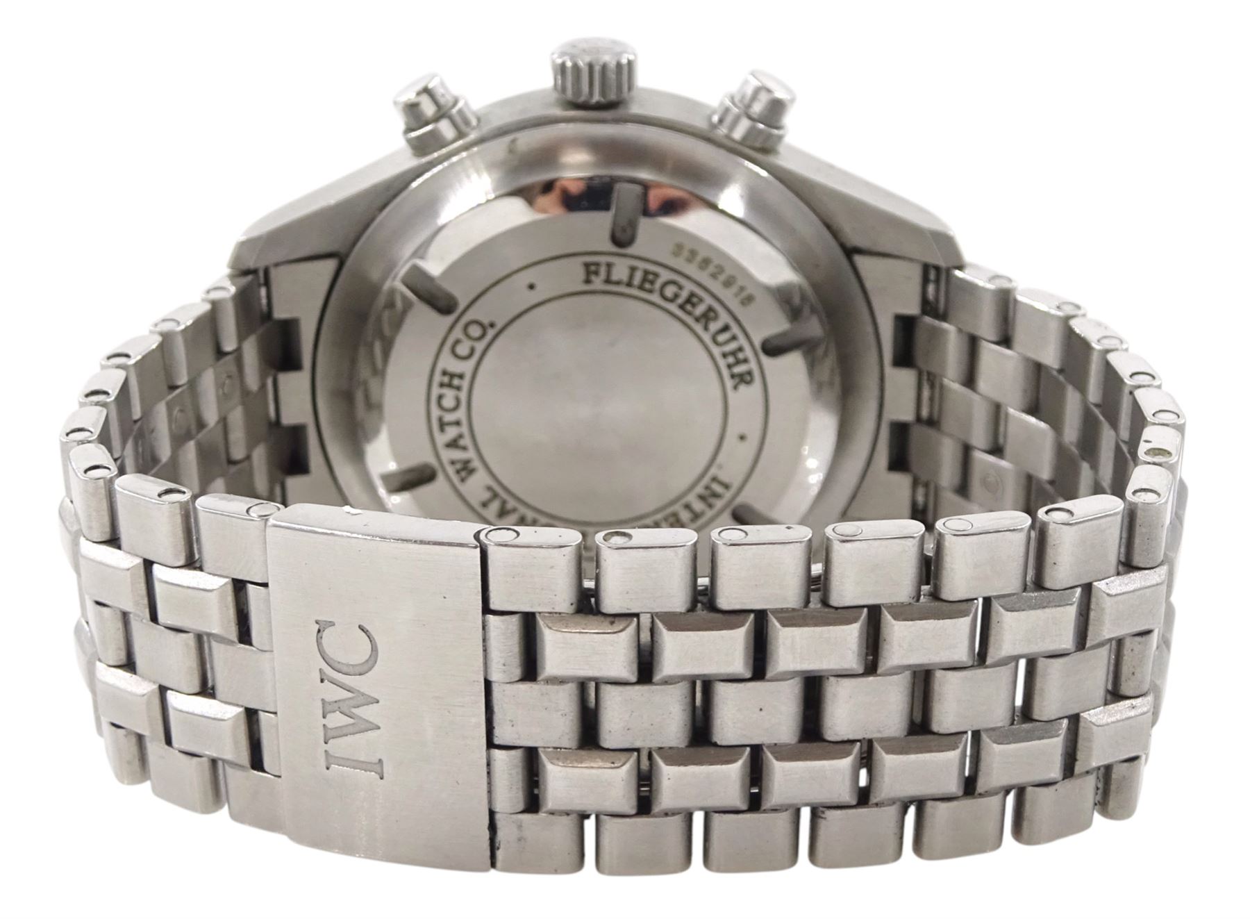 IWC (International Watch Company) Schaffhausen Pilot gentleman's stainless steel automatic chronograph wristwatch, Ref. 371704, serial No. 3362918, black dial with day / date aperture, boxed with additional links and guarantee card dated 2008