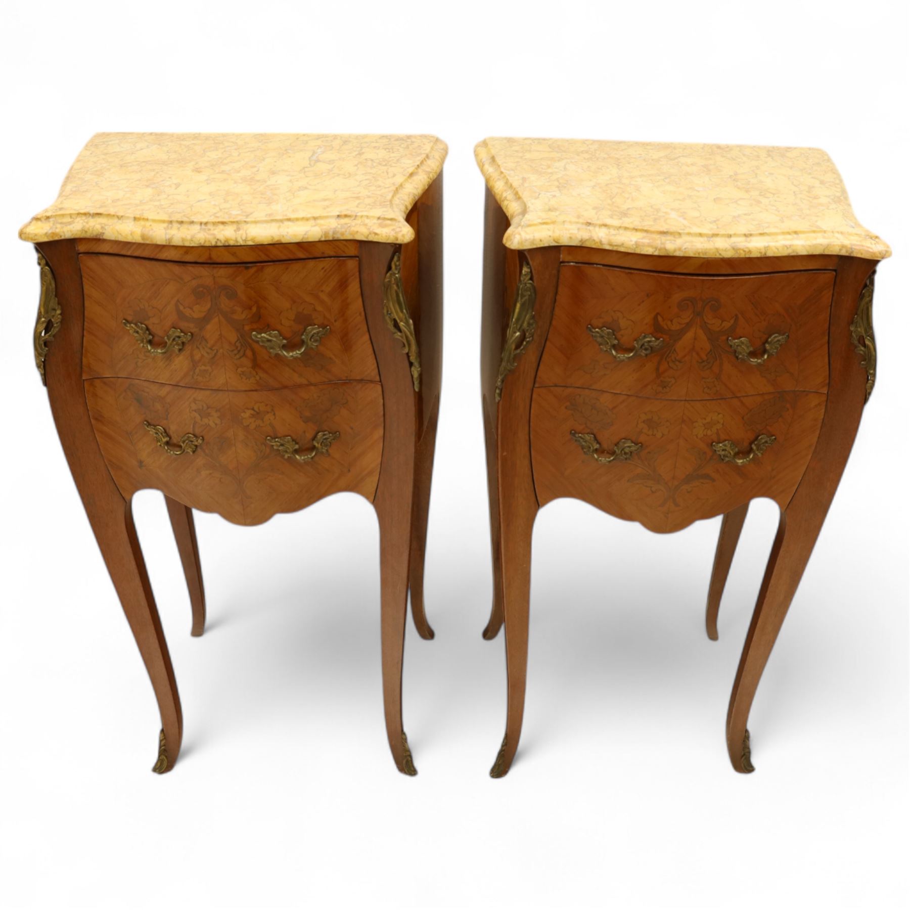 Pair of Louis XV style kingwood and marquetry bedside cabinets, the serpentine sienna marble top above two bombe fronted drawers with rococo style bronze handles and masks on slender cabriole legs terminating in bronze sabots  
