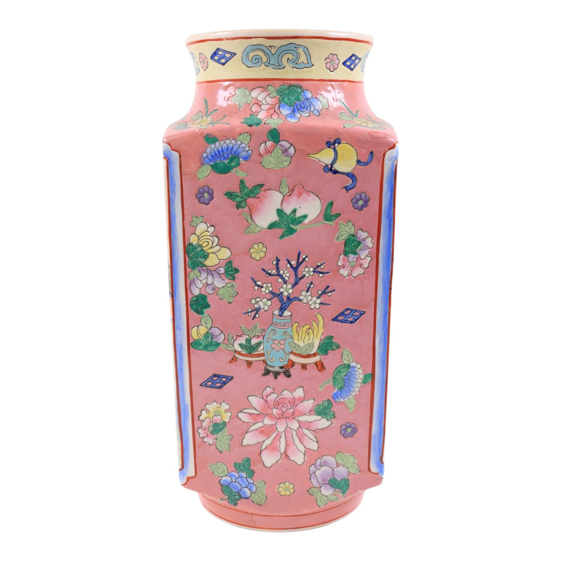 Famille Rose vase decorated with panels of figures in a garden, H37cm