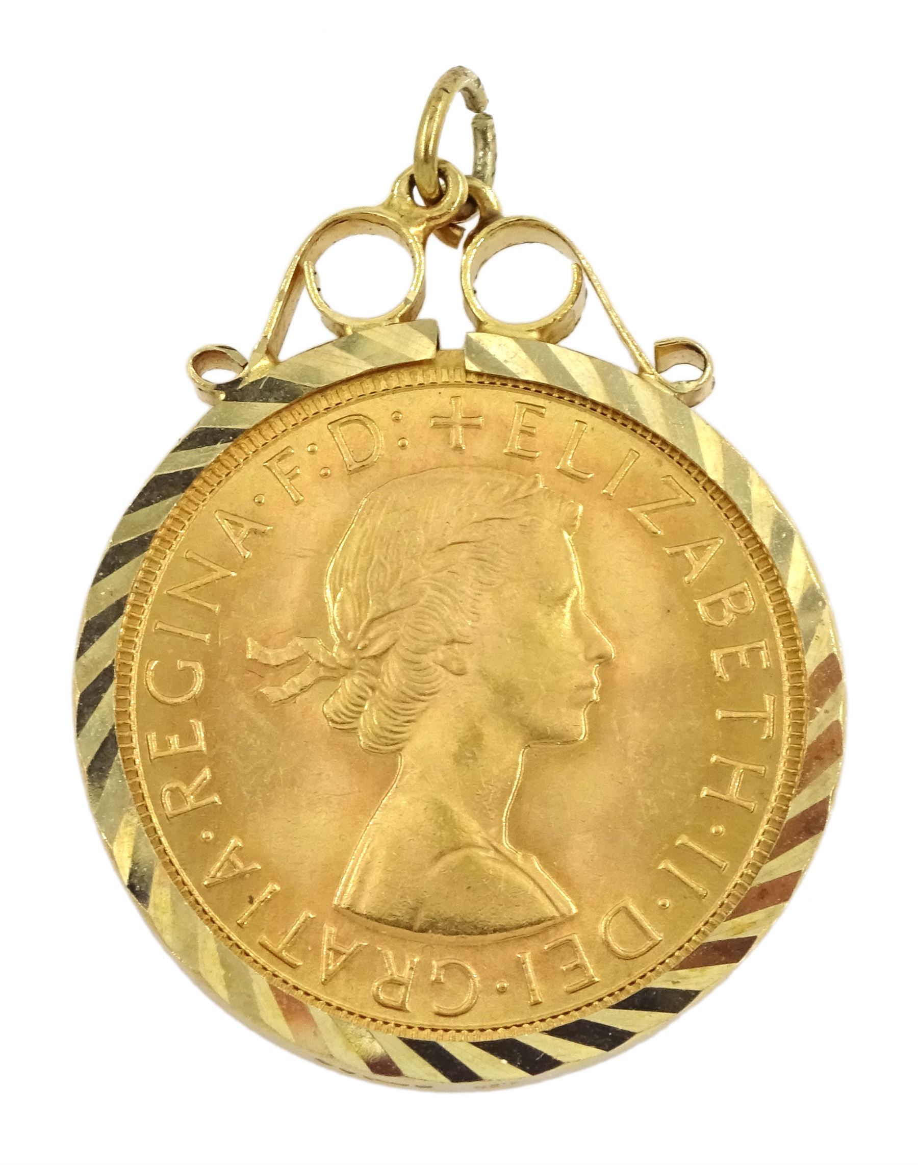 Queen Elizabeth II 1965 gold full sovereign, loose mounted in 9ct gold pendant hallmarked