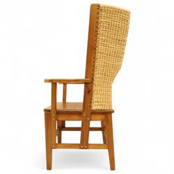 Pair of 20th century full-size pine Orkney chairs, high-back armchairs of traditional design, pegged and wedged construction, wrap-around backrest and sides, above scrolled out-swept arms and solid rounded pine seat, raised on square tapering legs united by stretchers, hand-signed ‘Jackie Miller’ and stamped ‘Orkney’
