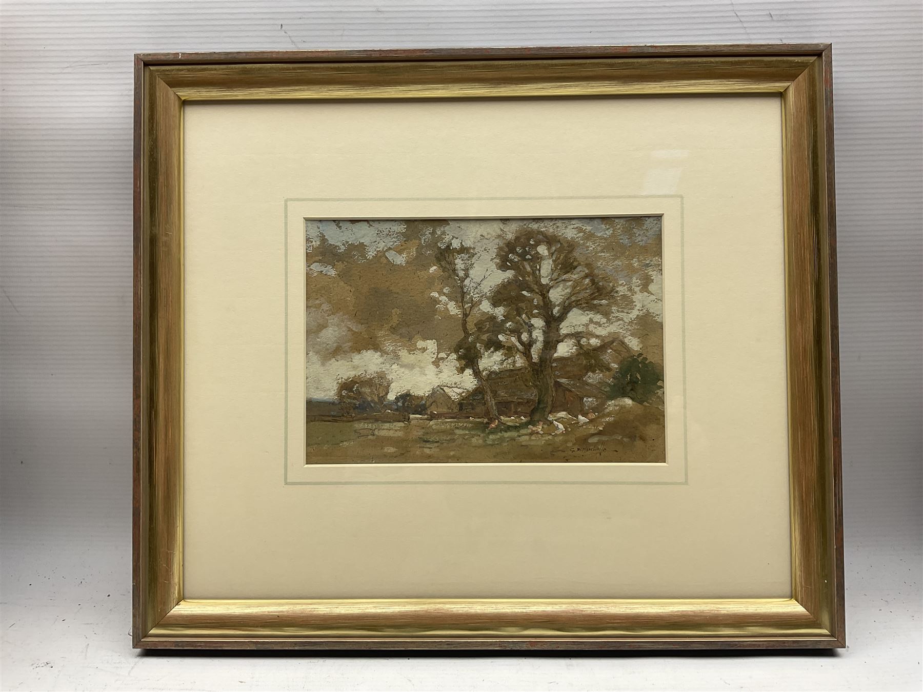 G D Marshall (British 19th/20th Century): Chickens Feeding by a Farmhouse, watercolour heightened with white signed 15cm x 21cm 