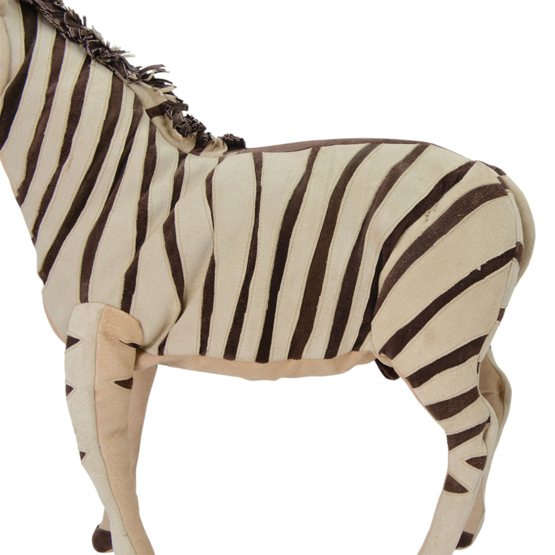 Karen Trower: two zebra sculptures, with leather sew over wood and metal frames, H48cm