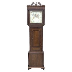 Early 19th century oak and mahogany longcase clock, the pierced pediment over square hood with square tapered column pilasters, floral painted dial with axe moonphase and subsidiary calendar dial, signed ‘Jno (John), Wignall, Ormskirk’, 30-hour movement striking on bell, the trunk banded in mahogany, canted base with ogee bracket feet 