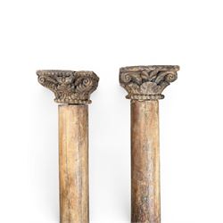 Matched pair of 19th century hardwood architectural columns with carved capitols, column diameter 18cm