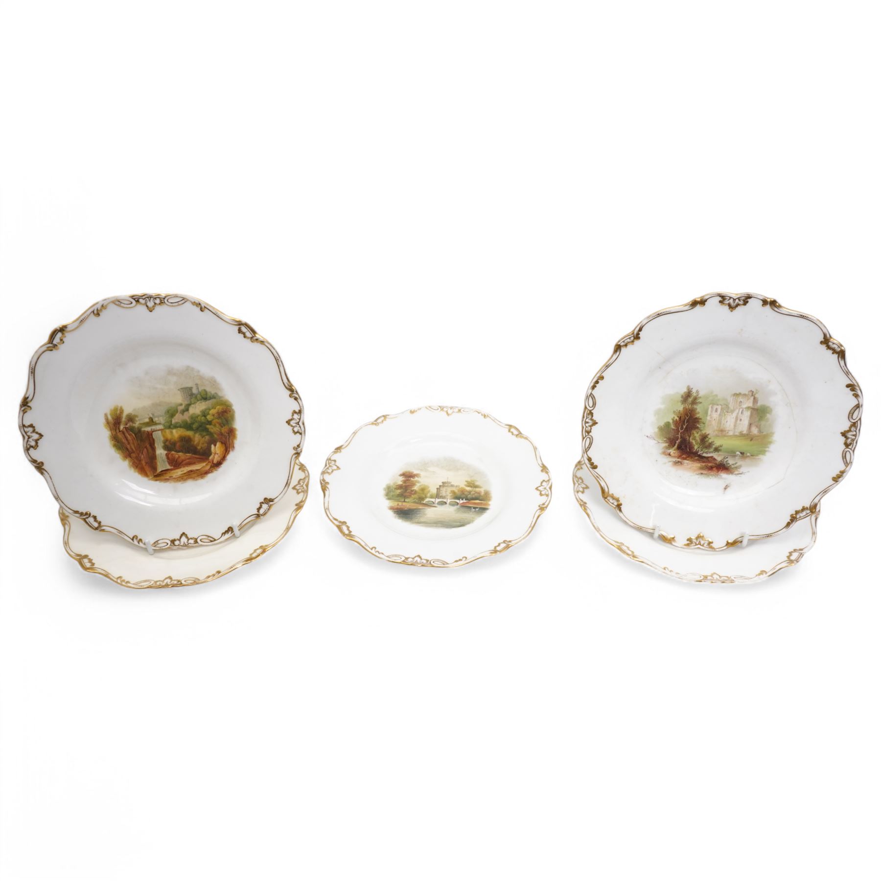 Set of five Derby plates with painted landscapes by Henry Lark Pratt, within gilt detailed swept boarders, the scenes comprising 'Brougham Castle - Northumberland' 'Eglinton Castle' 'Tivoli' and 'Blickling - Norfolk', with painted titles to base, pattern no. 3351 (5)