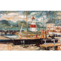 James Watt (Scottish 1931-2022): Crinan Canal Lighthouse and Lock, oil on canvas signed 29cm x 44cm 