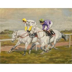 Jack G* (British Late 20th century): Neck and Neck at York Racecourse, oil on canvas signed 34cm x 45cm
Provenance: Mount Royale Hotel, York