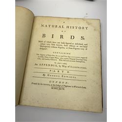 Edwards (George). Natural History of Uncommon Birds, and of Some Other Rare and Undescribed Animals... Exhibited in two hundred and ten copper plates, from designs copied immediately from nature, and curiously coloured after life... to which is added, a brief and general idea of drawing and painting in water-colours; with instructions for etching on copper with aquafortis: likewise some thoughts on the passage of birds; and additions to many of the subjects described in this work, 4 volumes, printed for Author, at the College of Physicians, in Warwick-Lane, 1743-51, & Gleanings of Natural History, exhibiting figures of quadrupeds, birds, insects, plants &c. most of which have not, till now, been either figured or described, 3 volumes, printed for the author, at the Royal College of Physicians, in Warwick-Lane, 1758-64, 7 volumes in all, containing 362 fine hand-coloured copper engraved plates (210 and 152 plates respectively to each work), uncoloured engraved portrait of the author by Johann Sebastian Muller after Bartholomew Dandridge, the three volumes of Gleanings of Natural History with parallel English and French printed text in double column, marbled endpapers, bookplate of William Hudson Hulme Hall Cheadle Hulme to front pastedown of each volume, contemporary uniform full red leather, with patterned outer border to each cover, panelled spines and all edges gilt, 4to (29 x 24 cm) (7) A fine set in contemporary uniform binding of 'one of the most important of all bird books, both as a fine bird book and a work of ornithology' (Sitwell, Fine Bird Books). The father of British ornithology, George Edwards (1694-1773) was appointed librarian at the College of Physicians, with the assistance of Sir Hans Sloane, who also employed him to draw curiosities from his own collection. These drawings, as well as others made by Edwards from the collections of his circle, including Mark Catesby, and the Dutchman Gideon Loten, formed the basis of his Natural History. Amongst the species described, some of which appear in print for the first time, are many from India and North America. Edwards personally oversaw the colouring of the engravings - 316 of which are of birds - carefully supervising the colourists who worked from twelve model copies coloured by the author himself. The work includes 'some brief instructions for etching on engraving on copper-plates', Edwards having been encouraged to etch his own plates by Catesby, and 'A Brief Idea of Drawing and Painting in Water-Colours'.
