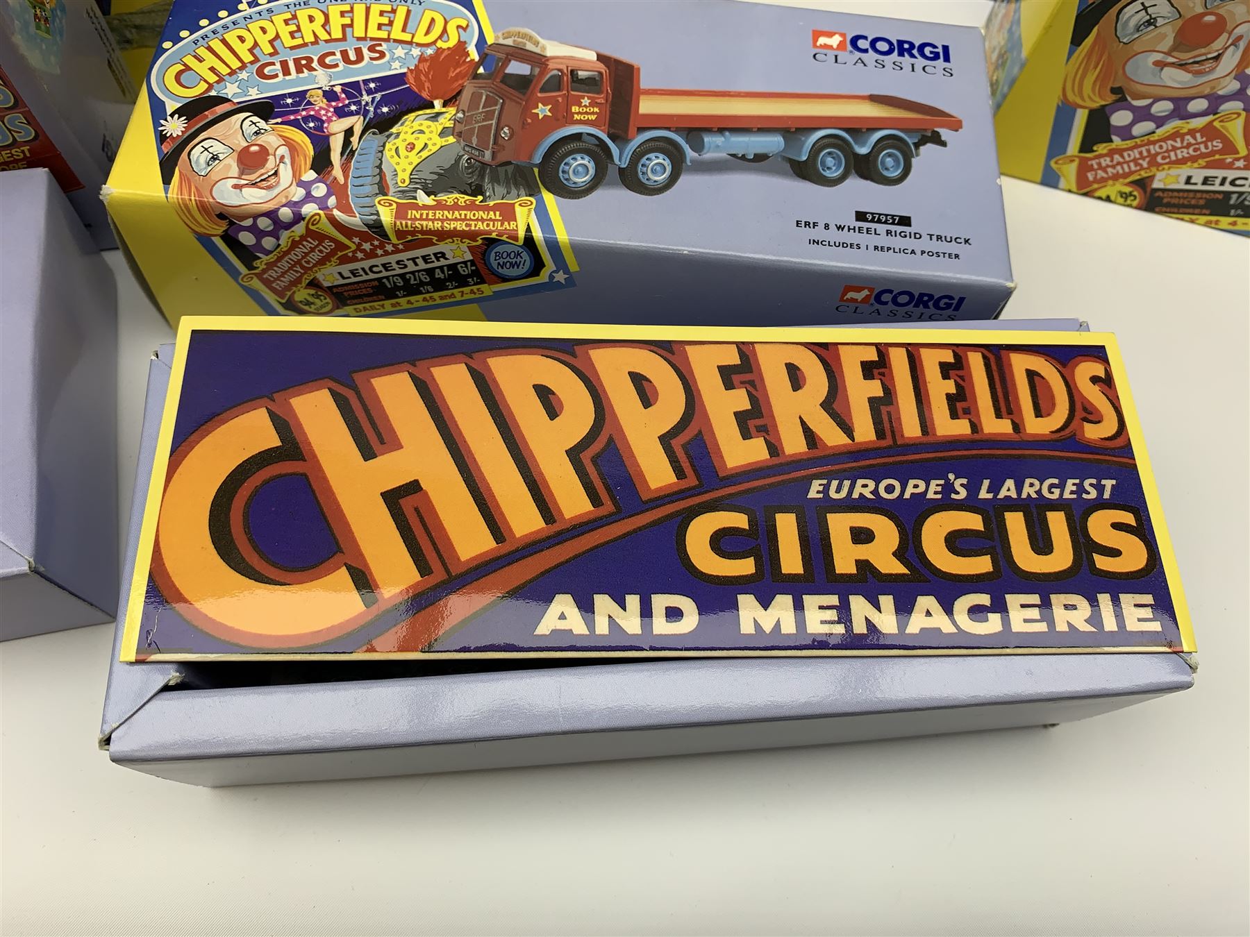 Sixteen Corgi limited edition Chipperfields Circus models - 07202 Land Rover Public Address & Clowns; 11201 ERF KV Artic with cages lions, tigers, pedestal & tamer; 14201 Foden S21 Articulated Tank Trailer with hippo & crocodile; 17801 Scammell Constructor Cannon & Ringmaster; 31703 Land Rover, Morris Minor Pick-Up, Thames Trader & AEC Fire Engine; 31901 Mary Chipperfield's Liberty Horses; 96905 Advance Booking Vehicle; 97022 AEC Regal Living Quarters; 97092 Bedford Pantechnicon Billy Smee Wardrobe; 97915 Scammell Highwayman with two trailers; 97887 Bedford O Articulated Horsebox; 97888 Foden Closed Pole Truck with Caravan; 97889 AEC Cage Truck & Trailer; 97896 AEC Pole Truck; 97957 ERF 8-Wheel Rigid Truck; and Set No.1 Six Circus Figures; all mint and boxed with certificates, some with posters, and brochure (16)