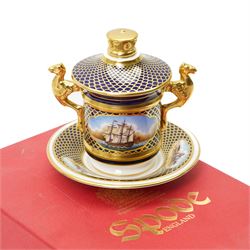 Spode 'The Shipwright's Cup' limited edition covered cup, boxed, together with a set of six Spode Imari Collection coffee cans and saucers