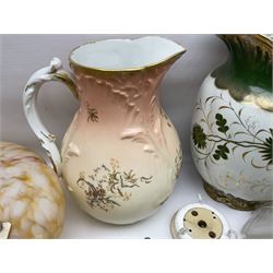 Two Art Deco mottled glass fly catcher ceiling light shades, together with two other 1930s moulded glass ceiling light shades and two Victorian style wash jugs, largest shade D33cm