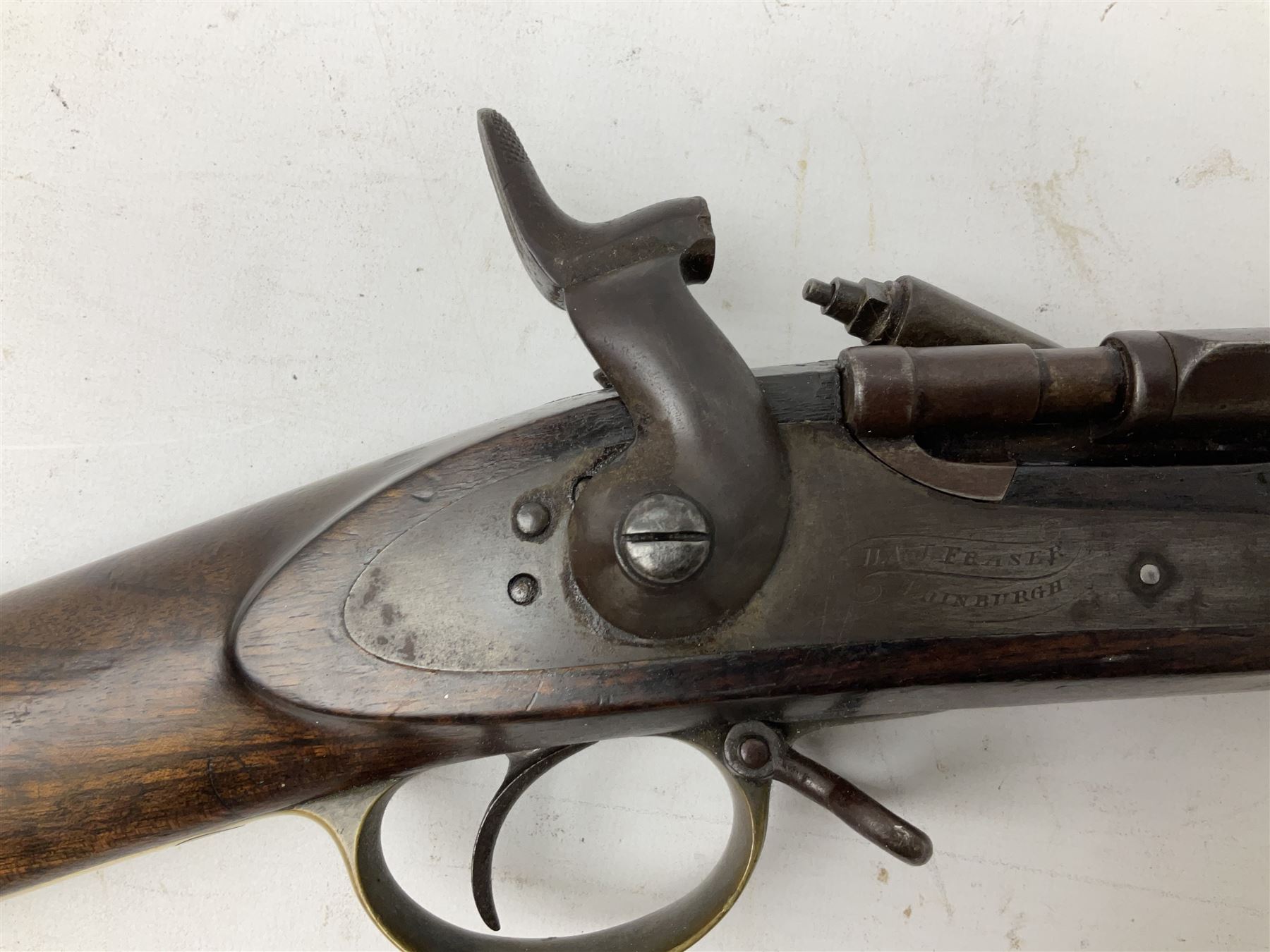 19th century D. & J. Fraser Edinburgh .577 Snider action gun, the 94cm barrel with three-groove rifling, three barrel bands and maker's name to top, full walnut stock with brass fittings, trigger guard inscribed J.D.M.,  L141cm