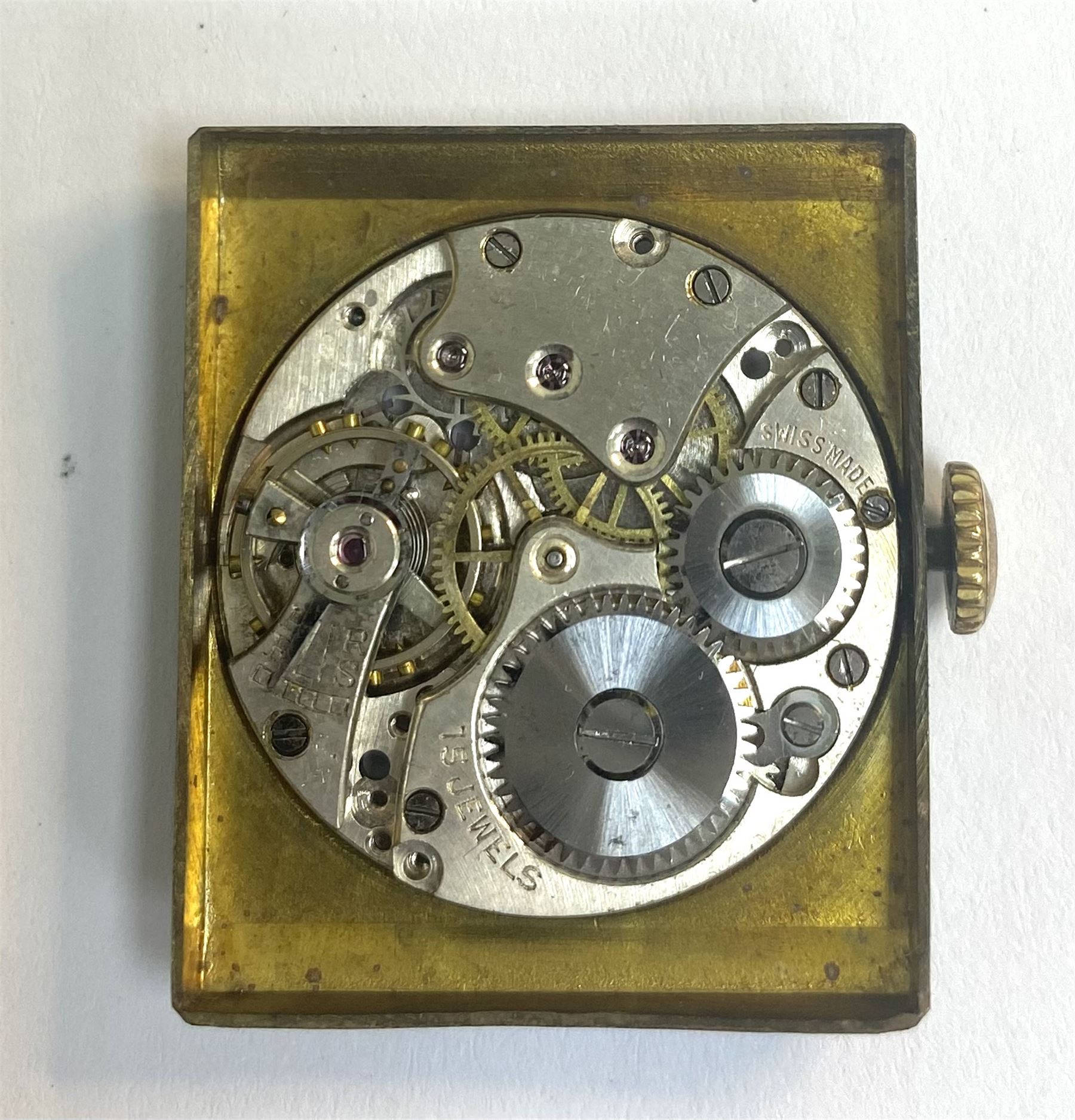 Swiss early 20th century 9ct gold manual wind Jump Hour wristwatch watch, Glasgow import marks 1932, on expanding gilt strap