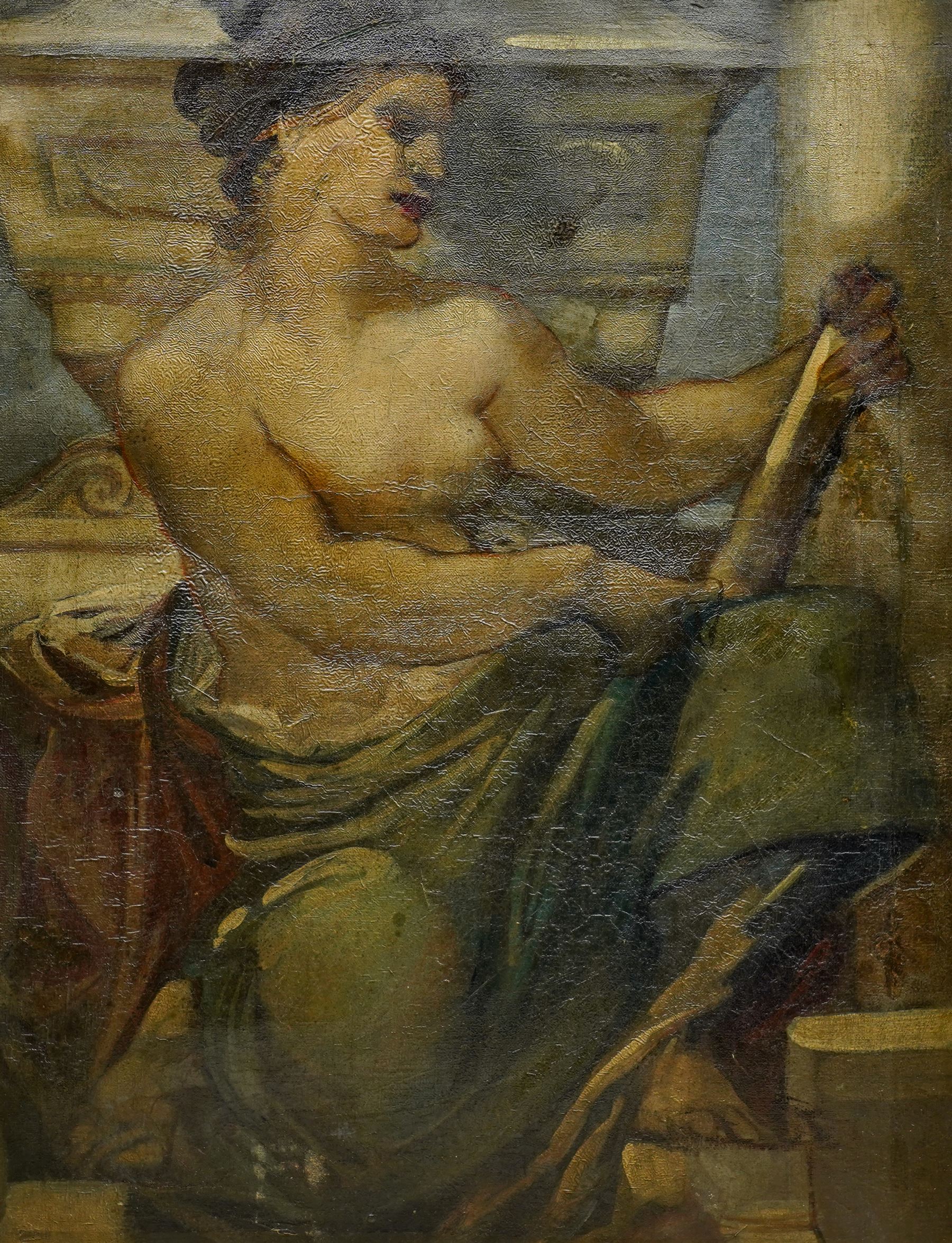Italian Neoclassical or Renaissance Revival School (19th century): The Muse Calliope Composing Epic Poetry beneath Classical Ruins, oil on canvas unsigned 57cm x 45cm