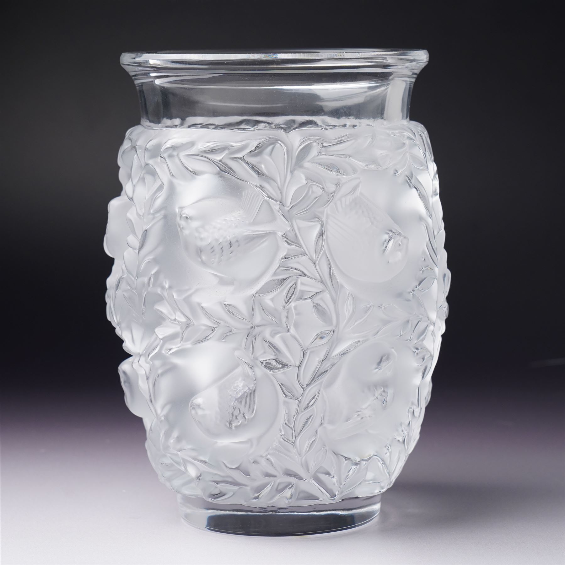 Lalique 'Bagatelle' frosted glass vase, decorated with sparrows in a hedge, marked Lalique France to base, H17cm 