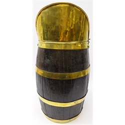  Early 20th century brass coopered oak coal barrel with brass swing handle and spout, H55cm  