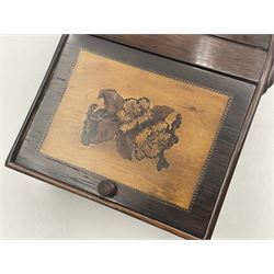 19th century rosewood Tunbridge Ware basket, of rectangular form with curved bentwood handle, and twin hinged sloping covers, lifting to reveal paper lined interiors, not including handle H5.5cm D10.5cm L18cm