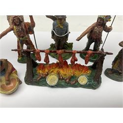 Five Elastolin American Indian figures, together with an Elastolin campfire and a cowboy tied to a tree, tallest H11cm