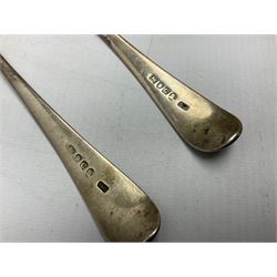 Two silver Georgian tablespoons, approximate total weight 3.36 ozt (104.7 grams), together with Great War Peace Medal 1919 and two others 