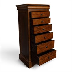 Willis & Gambier - mahogany tall chest, rectangular chamfered top, with frieze drawer with blue baize lining, over six graduating drawers with black pulls, raised on bracket feet