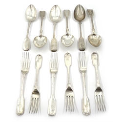  Set of six Victorian fiddle pattern dessert forks by Chawner & Co, London 1866 and a similar set of spoons by Charles Lias, London 1842, approx 18oz (12)  