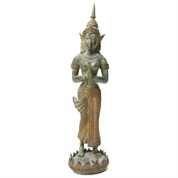 Bronze Thai thephanom figure of a dancer, stood with hands together, modelled with detaile...