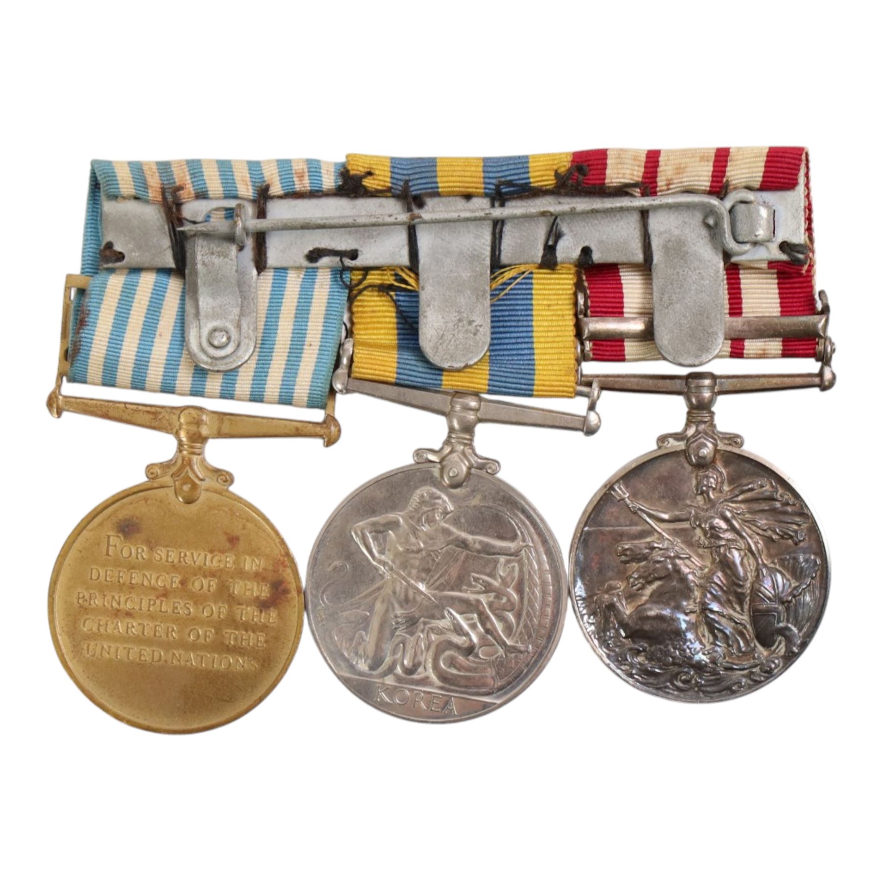 Medal group, comprising Navy General service medal with Palestine 1945-48 clasp, Queen Elizabeth II Korea Medal, and the NATO Korea Medal, with ribbon bar and Imperial Service Medal awarded to D/JX 661418 H. E. Severs L.Ten R.N