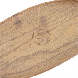 Gnomeman - tooled oak dish, carved with rose motif to the center, carved beneath with gnome signature, by Thomas Whittaker, Littlebeck, L36cm