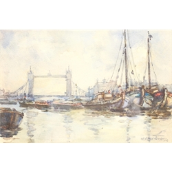 William Ednie Rough (British 1892-1935): Shipping on the Thames before Tower Bridge, watercolour signed and dated '24, 17cm x 26cm