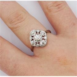 Art Deco 18ct gold and platinum five stone milgrain set old cut diamond openwork ring, stamped 18ct Pt, principal diamond approx 0.40 carat, total diamond weight approx 1.00 carat