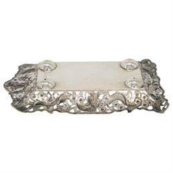 Chinese export pin tray, of rectangular form, the pierced sides embossed with dragons amongst flowers, stamped with character marks and maker's mark for Hungchong & Co, L13cm 