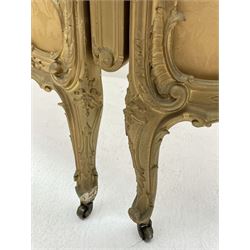 Late 19th/early 20th century French Rococo style gilt wood and gesso dressing screen, four double hinged panels, each with shaped cresting rail over shell and floral frieze, moulded frame with flower head and scroll decoration, acanthus leaf cabriole supports with castors, upholstered in gold Damask fabric