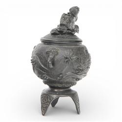 Pair of Japanese bronze koro, raised upon three feet, he body of the koro decorated with figures and animals, the cover mounted with figures, H24cm