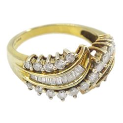 9ct gold baguette and round brilliant cut diamond crossover dress ring, hallmarked