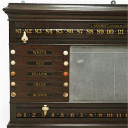 Victorian wall-mounted oak and walnut cased scoreboard,  moulded top, with a name stencilled in the frieze ‘J. Ashcroft, Victoria Street, Liverpool’, the board with chalk panel in the centre for recording scores, sliding panels on both sides for the various games of Billiards and Snooker, two numbered rotating arms with adjustable sliding score keepers, the base section with 5 apertures on each side, and coloured ivory roundels, all with glass front for viewing the tokens inside, with drawers beneath, the centre has a long glass panel for storing billiard balls, circa 1870 This item has been registered for sale under section 10 of the APHA Ivory Act Reference UNEGEBLB
