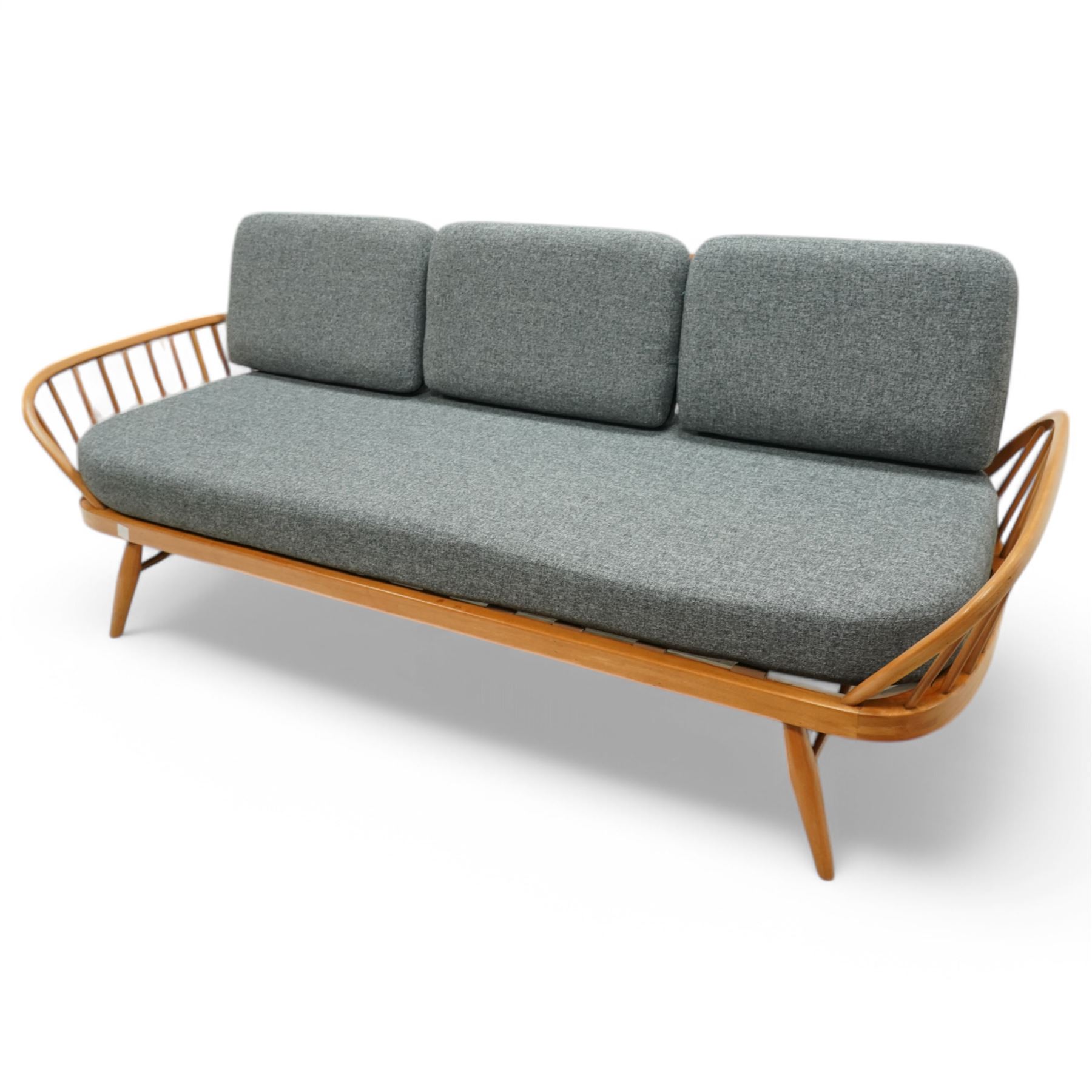 Lucian Ercolani for Ercol - 'Studio Couch' model no. 355, elm and beech framed with grey upholstered loose cushions