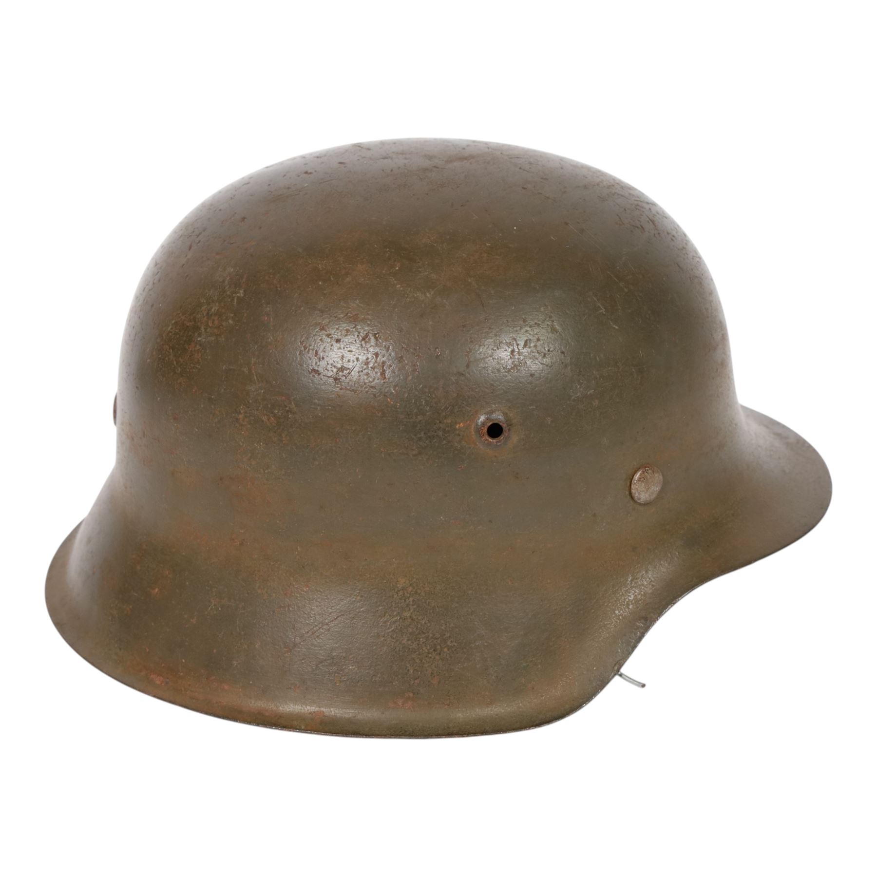 German Third Reich M45 Luftwaffe single decal helmet, the inner back brim stamped hkp 64, 16438, with eight tongue leather liner and the buckle part of the chinstrap