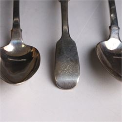 Eight Victorian silver Fiddle pattern dessert spoons, all with engraved initials to terminal, including a set of six York silver spoons, hallmarked James Barber & William North, York 1844 