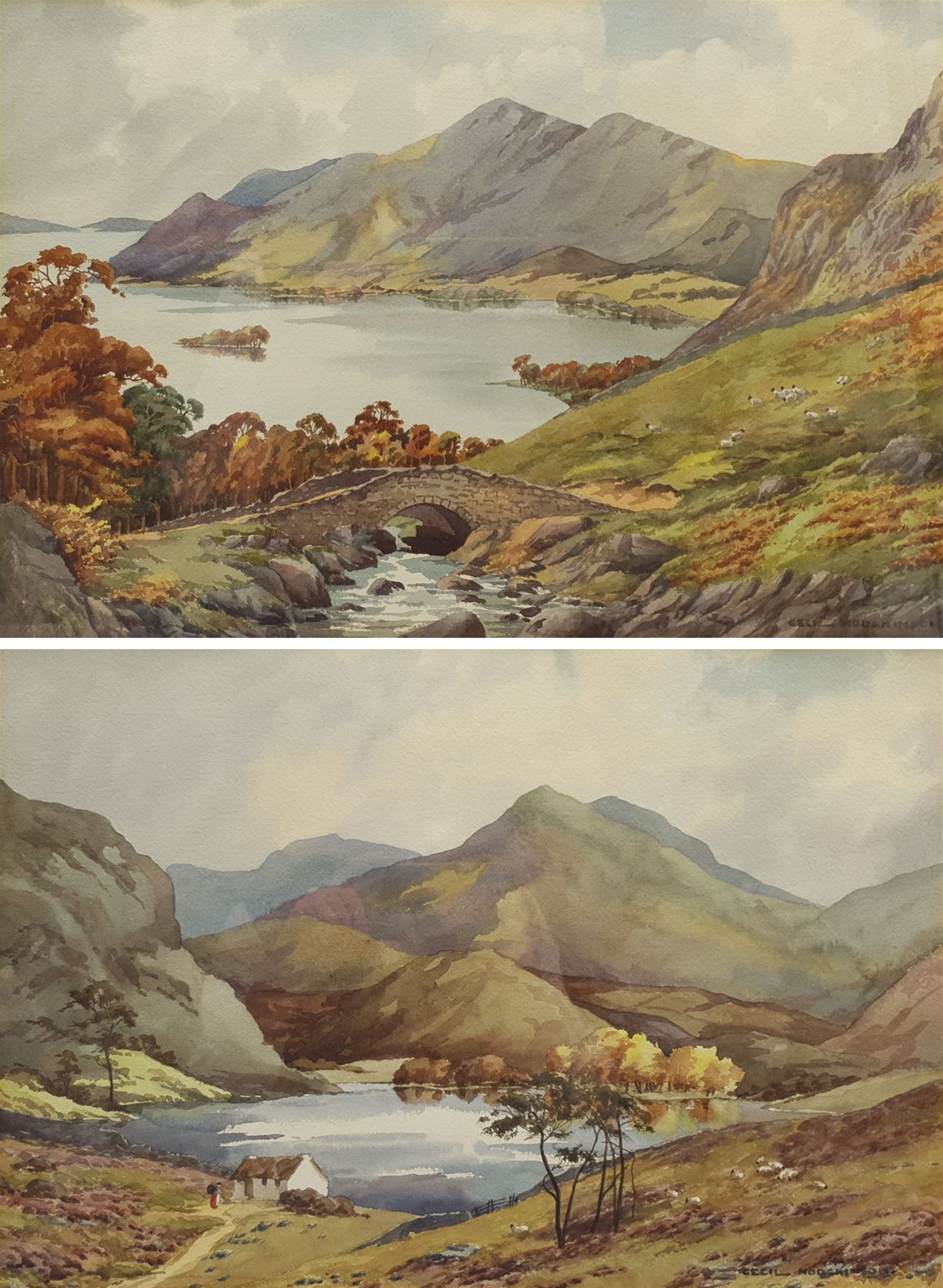 Cecil Thomas Hodgkinson (British 1895-1979): Serene Loch Landscapes, pair watercolours signed 33cm x 48cm; English School (19th/20th century): Waterfalls, pair watercolours unsigned 33cm x 48cm (4)