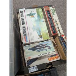 Collection of aeroplane model kits in three boxes, including Revell, Monogram, Airfix, etc