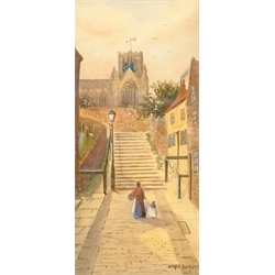 Alfred Durham (British early 20th century): St Mary's Steps Scarborough, watercolour signed; After Louis Wain (British 1860-1939): 'The Constitution Vase', hand-coloured engraving; and Lakeland Landscape, watercolour signed G A Elliss and dated 1944, max 21cm x 16cm (3)
