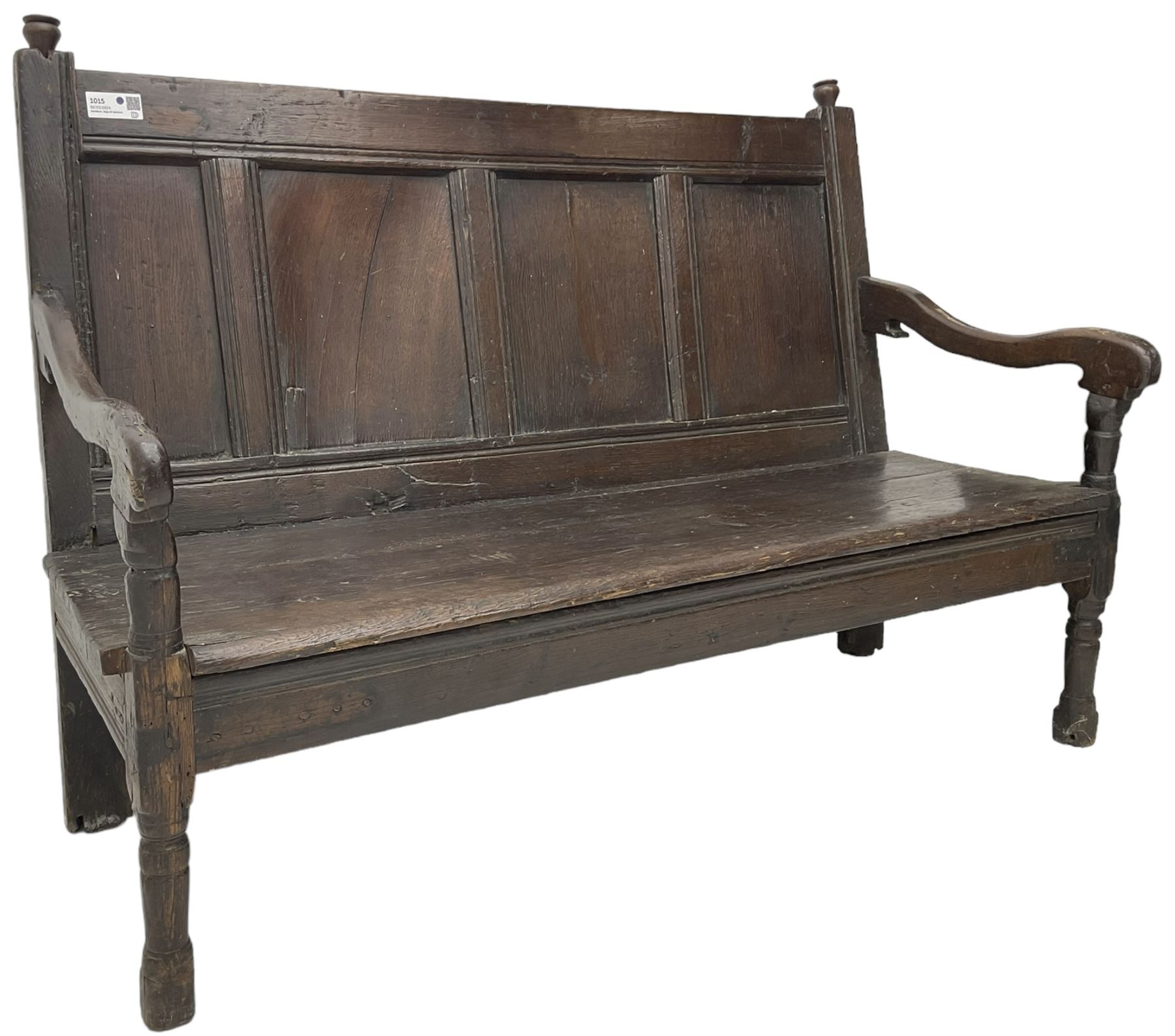18th century oak hall bench or settle, quadruple panelled back with moulded rails, over a solid seat, raised on front turned supports