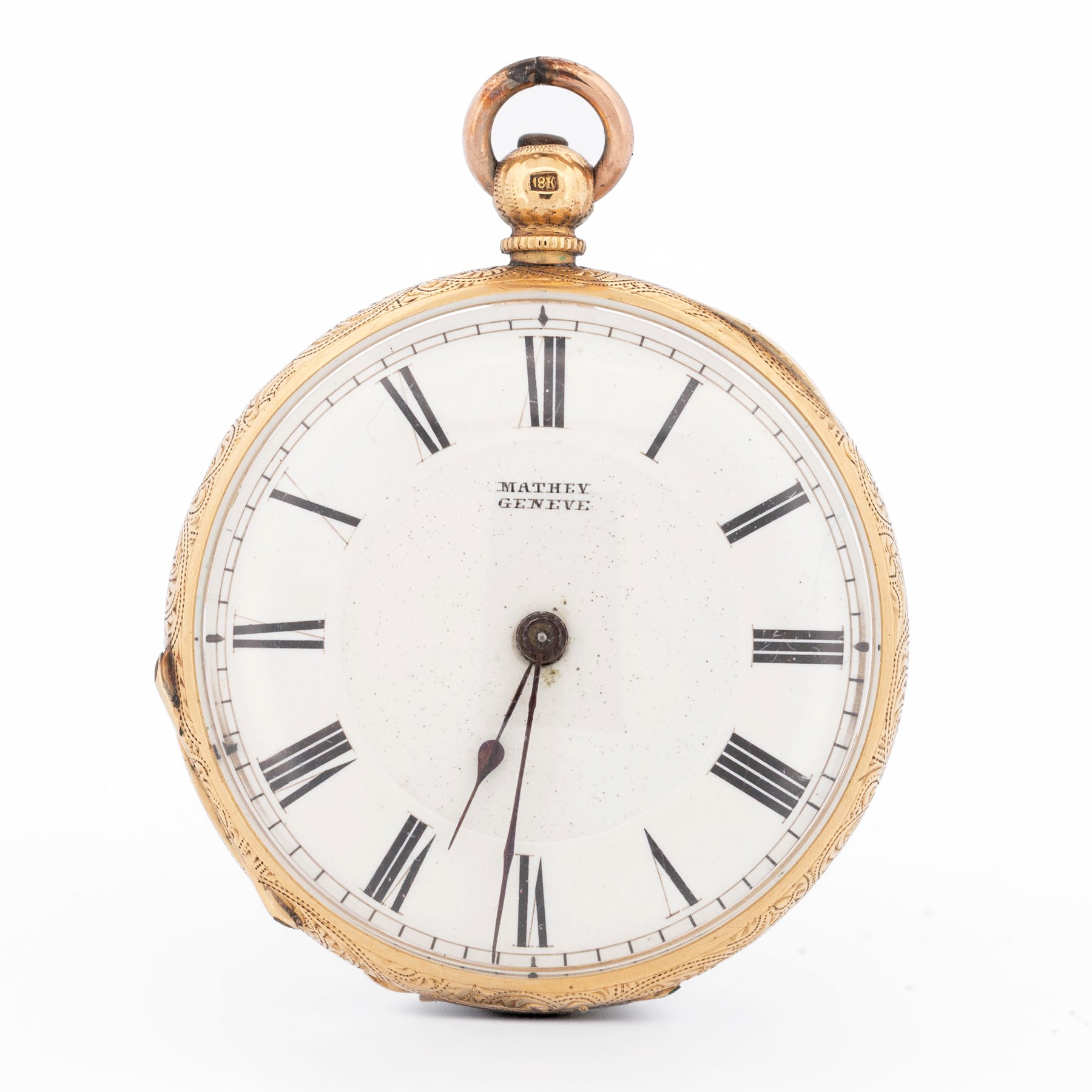 19th / early 20th century 18ct gold open face key wound cylinder pocket watch by Mathey, Genève, white enamel dial with Roman numeral hour markers, engraved foliate case with empty cartouche, stamped K18