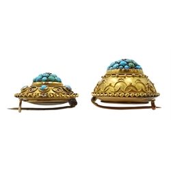 Two Victorian gold turquoise circular dome design brooches, both set with a single diamond and with glazed reverse