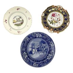 Group of 19th Century and later plates comprising James and Ralph Clews pearlware example from the Dr Syntax Series entitled 'Doctor Syntax disputing his Bill with his Landlady', D26cm, along with a  hand painted plate decorated with birds amongst blossoming branches in a central circular panel surrounded by gilt and cobalt blue foliate border, possibly Hicks Meigh, and a Wedgwood example decorated with lake scene (3)